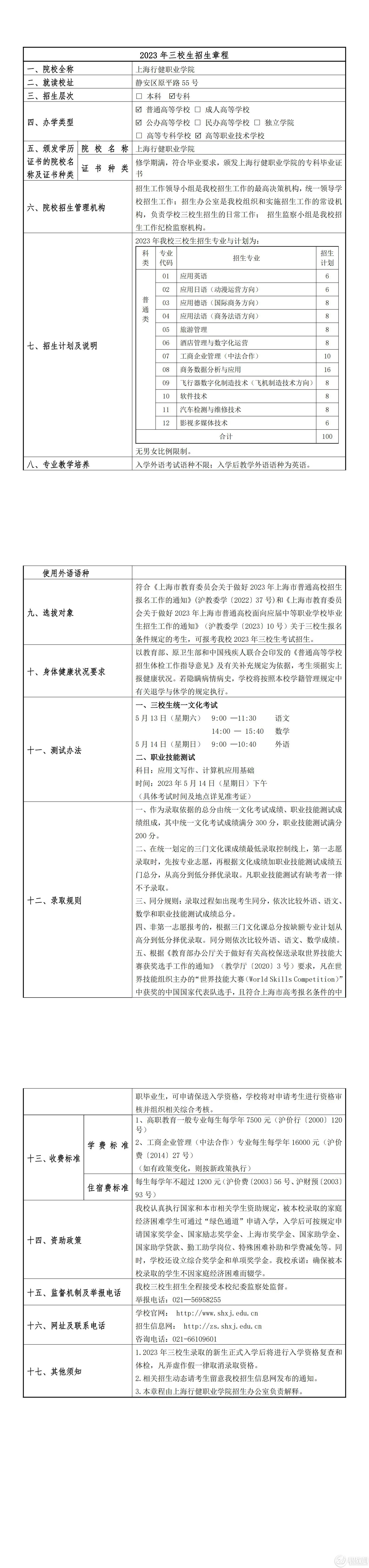 上海行健职业学院2023年三校生招生章程