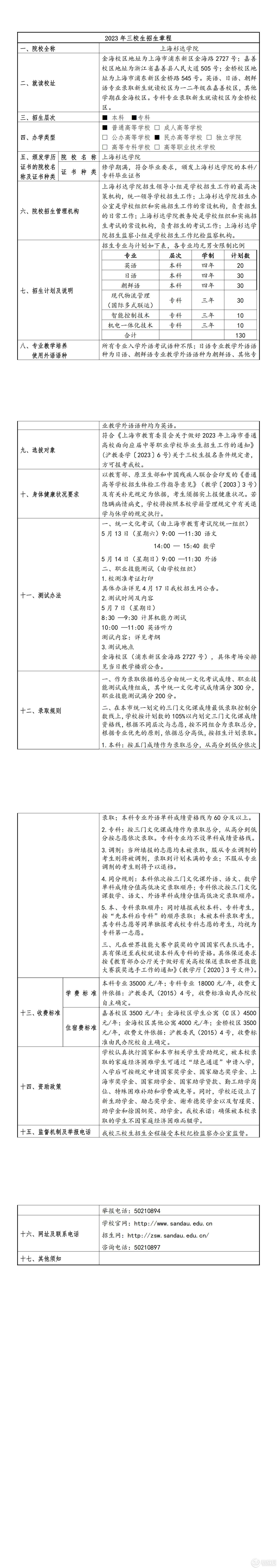 上海杉达学院2023年三校生招生章程